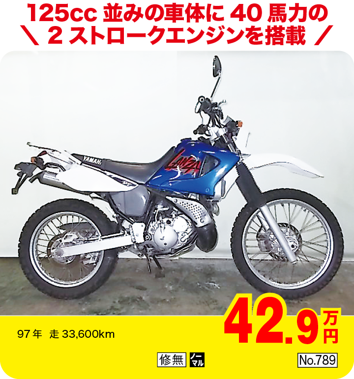 125cc並みの車体に40馬力の2ストロークエンジンを搭載|ヤマハ DT230ランツァ|42.9万円|97年  走33,600km|「修無」「ノーマル」「No.789」